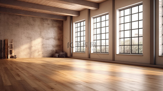氛围海报背景图片_通过明亮的室内设计照亮您的工作空间，在阁楼氛围中采用令人惊叹的木地板 3D 渲染