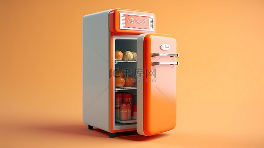 复古厨房用具老式冰箱的等距 3D 渲染