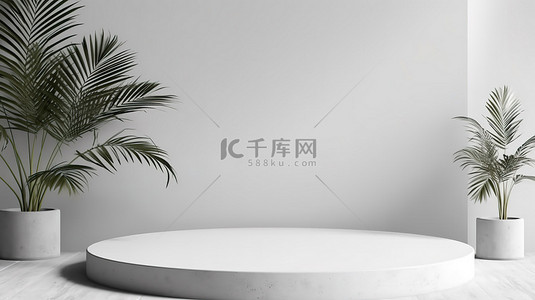抽象植物背景背景图片_混凝土地板上简约的白色讲台与抽象植物背景 3d 渲染