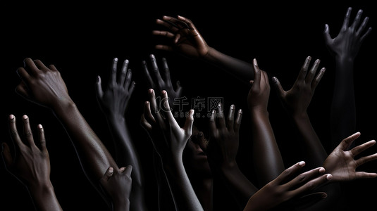 多个黑人女性手指指向黑色背景的 3D 渲染，非常适合产品演示或演示