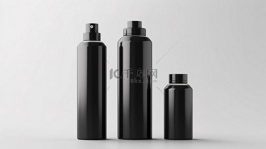 光泽反射表面的 3D 渲染，黑色化妆品瓶管和罐容器模型模板上带有空白标签