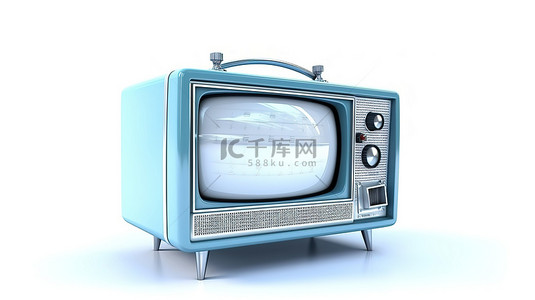 广告复古背景图片_白色背景上蓝色隔离 3D 插图的老式模拟电视