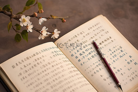 一本写有中文的书，旁边有一支铅笔和一片叶子
