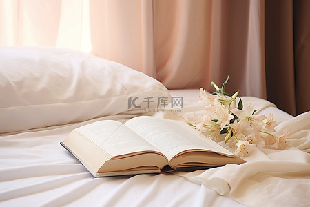 枕头上背景图片_白百合枕头和床上的书