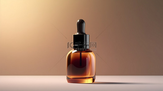 香水背景图片_3D 插图黑色滴管在棕色玻璃血清上呈现在讲台舞台上促进面部血清