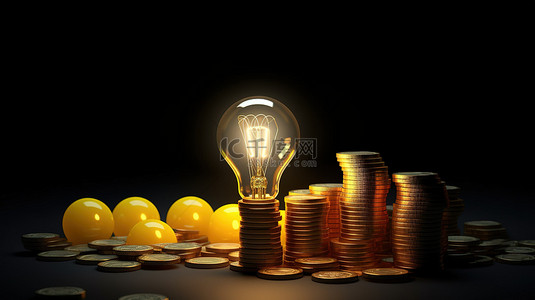 有了一个主意背景图片_金融硬币堆中的一个黄色灯泡激发了商业创业概念的创造力和成功 3d 渲染与复制空间隔离插图