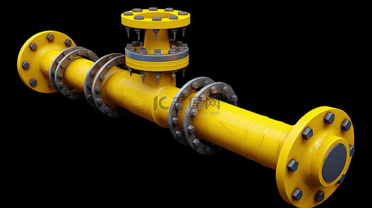 带阀门的管道 3D 渲染图像，具有石油和天然气行业中的黄色管和蓝色起重机，包括剪切路径