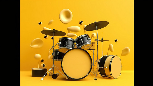 3D 渲染专业黑色鼓套件在黄色粘土风格的抽象背景上