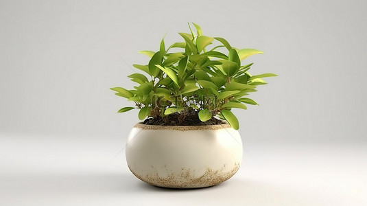 白色背景上装饰着 3d 绿色植物的陶罐