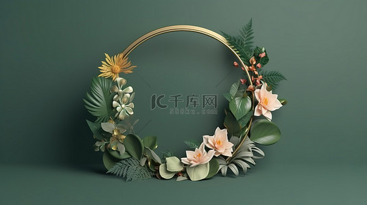 3D 渲染的花环，以植物和花卉为特色，非常适合贺卡和请柬