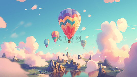 气球漂浮卡通背景图片_热气球山川河流卡通插图天空可爱背景
