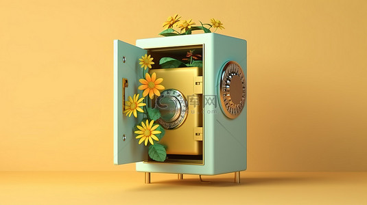 确保您的储蓄 3D 插图，显示一个打开的保险箱，里面有钱和盛开的硬币花植物