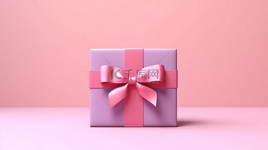 最小粉色背景的 3D 插图，配有柔和的粉色礼品盒和蓝丝带