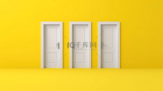 黄色背景简单背景图片_简单而引人注目的三扇白色门，位于以 3D 呈现的充满活力的黄色背景上