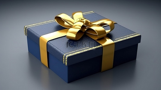金色装饰深蓝色 3D 礼物盒，配有丝带和蝴蝶结