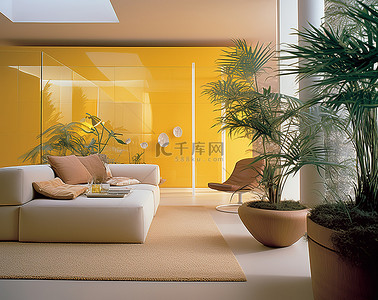 黄色墙壁背景图片_一间有黄色墙壁的客厅，桌上有一盆植物