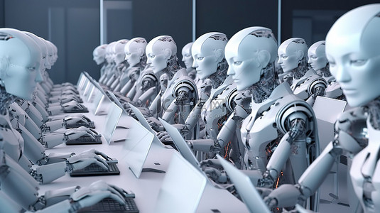 科技自动化背景图片_未来派工作场所自动化 3D 渲染女性机器人或在电脑笔记本上工作的机器人