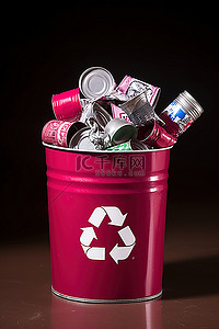 带有回收罐和回收符号的红色垃圾桶