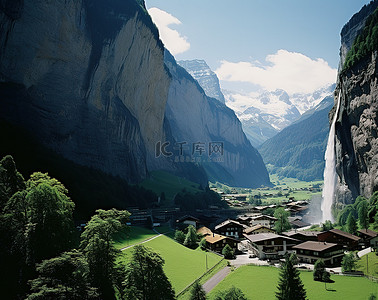 蓝色背背景图片_瑞士的风景照，背景山中有村庄，有瀑布