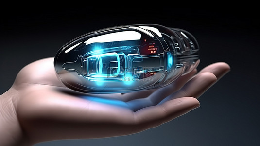 3D渲染机器人手握着革命性医疗技术概念中的医疗胶囊