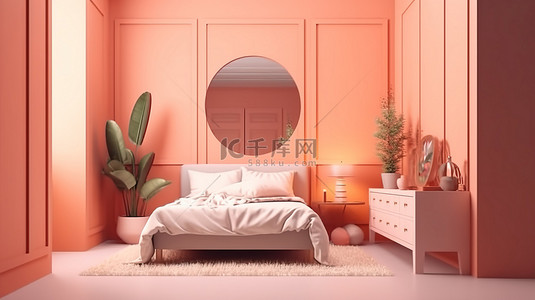 绿色植物墙背景图片_卡通风格的卧室绿洲 3d 渲染家具照明和绿色植物