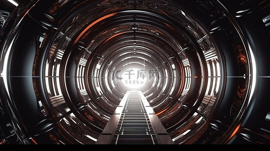 流光拉丝金属背景背景图片_由光滑的银色金属制成并由明亮的光出口照亮的时间隧道的 3D 渲染
