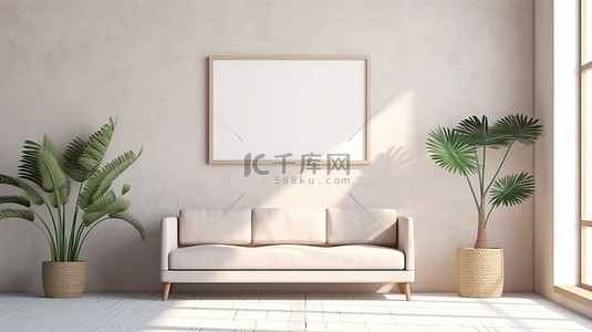 灰泥墙上空白白色海报框架模型的 3D 插图，带有棕榈叶和沙发的阴影