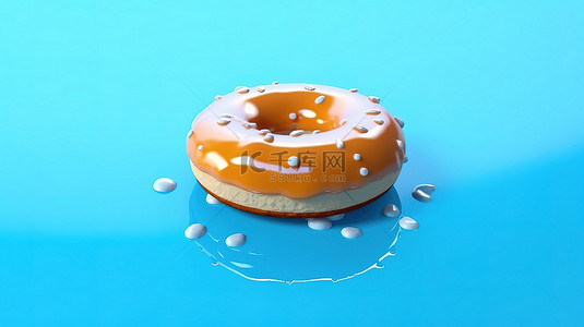 奇异的甜甜圈特写隔离并漂浮在蓝色背景上，这是 3D 渲染中食物创意的简约概念