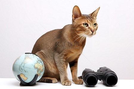 阿尼亚惊讶背景图片_白色背景中的猫双筒望远镜和地球仪