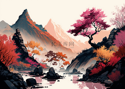 中国风意境水墨山水背景图片_山峰粉色水墨画背景