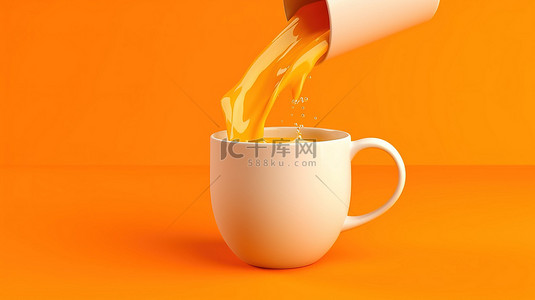 闪闪发光的橙汁在使用 3D 渲染创建的充满活力的橙色色调中倾泻到白色杯子中