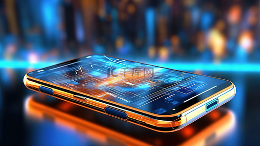 蓝色屏背景图片_渲染技术背景，充满活力的蓝色和橙色光芒照亮智能手机