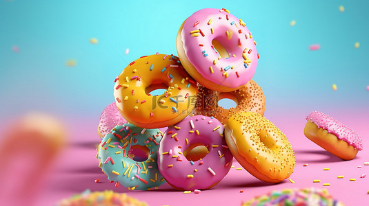 各种釉面甜甜圈在柔和的背景 3D 渲染中在空中翱翔