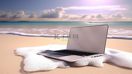 搁在沙滩上的笔记本电脑的数字插图