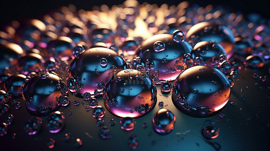 华丽的 3D 背景，带有气泡，放大水滴的微距镜头