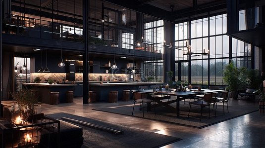 公筷用餐背景图片_现代豪华客厅 3D 渲染室内场景，配有沙发和用餐区