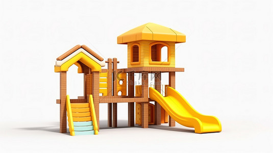 大型滑梯背景图片_当代木制儿童游乐场的 3D 渲染，配有大型黄色弹簧滑梯，白色背景上有阴影