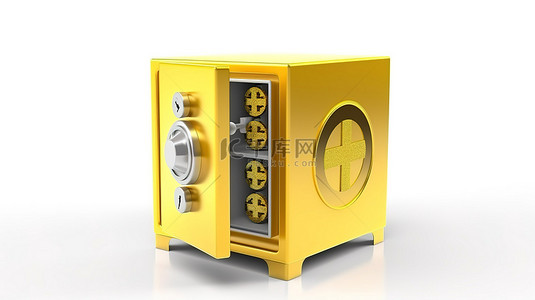 钢制保险箱内白色背景上黄金货币符号的 3D 渲染