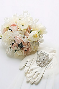 配戴手套背景图片_婚纱和手套与一束鲜花