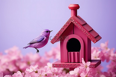春天的鸟背景图片_开花的花朵上的红色鸟屋