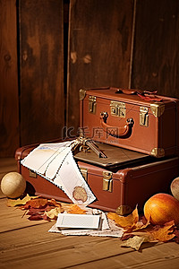 木板秋叶背景图片_木地板上的信封信封信棕色皮革手提箱和秋叶