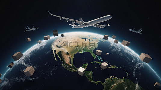 集裝箱船背景图片_地球与浮动包裹飞机和货船 3D 渲染