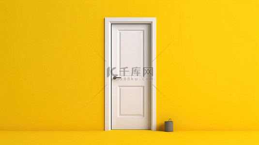 黄色背景简单背景图片_使用 3D 渲染创建的黄色背景下的简单概念构图白色门