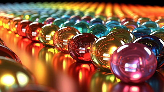 关闭 3D 渲染闪亮的玻璃球，呈彩色行，具有令人惊叹的反射