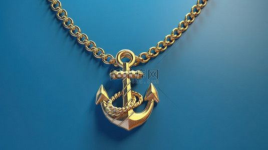 装饰吊坠背景图片_蓝色背景的 3D 渲染，带有锚装饰的金色项链