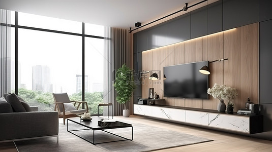屏幕高光背景图片_带智能电视柜和扶手椅的 3D 渲染现代生活空间