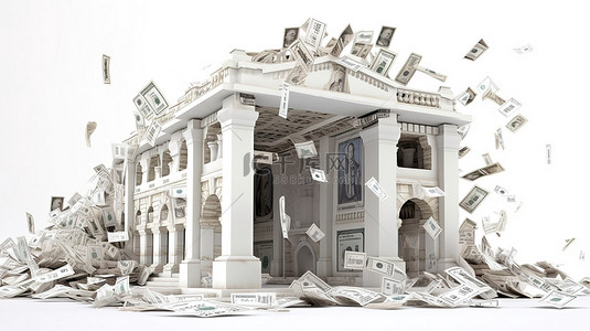 银行投资背景图片_白色背景下带有钞票和开放式屋顶的银行大楼的 3D 渲染