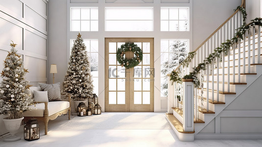 环境舒适的背景图片_农舍环境中舒适的圣诞入口的 3D 渲染