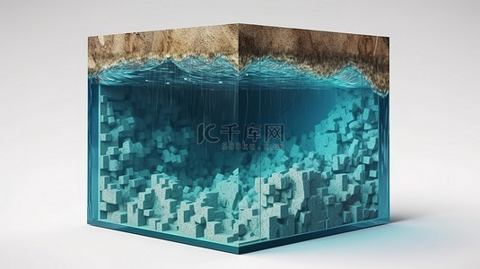 白色背景下水立方体的 3d 渲染沙底水下横截面