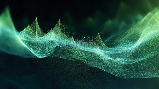 科技粒子大数据背景图片_未来派绿色抽象背景 3D 渲染粒子动态波，用于大数据可视化